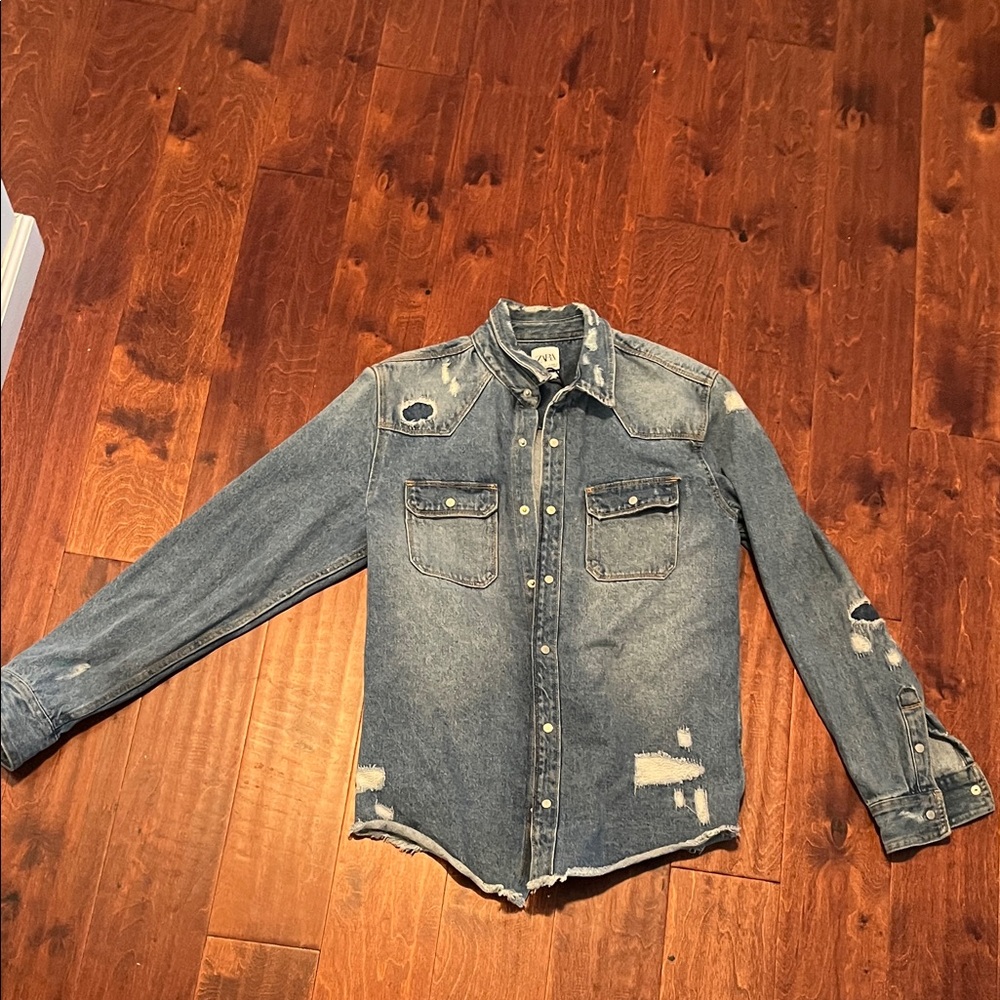 Zara Blue Distressed Denim Shirt